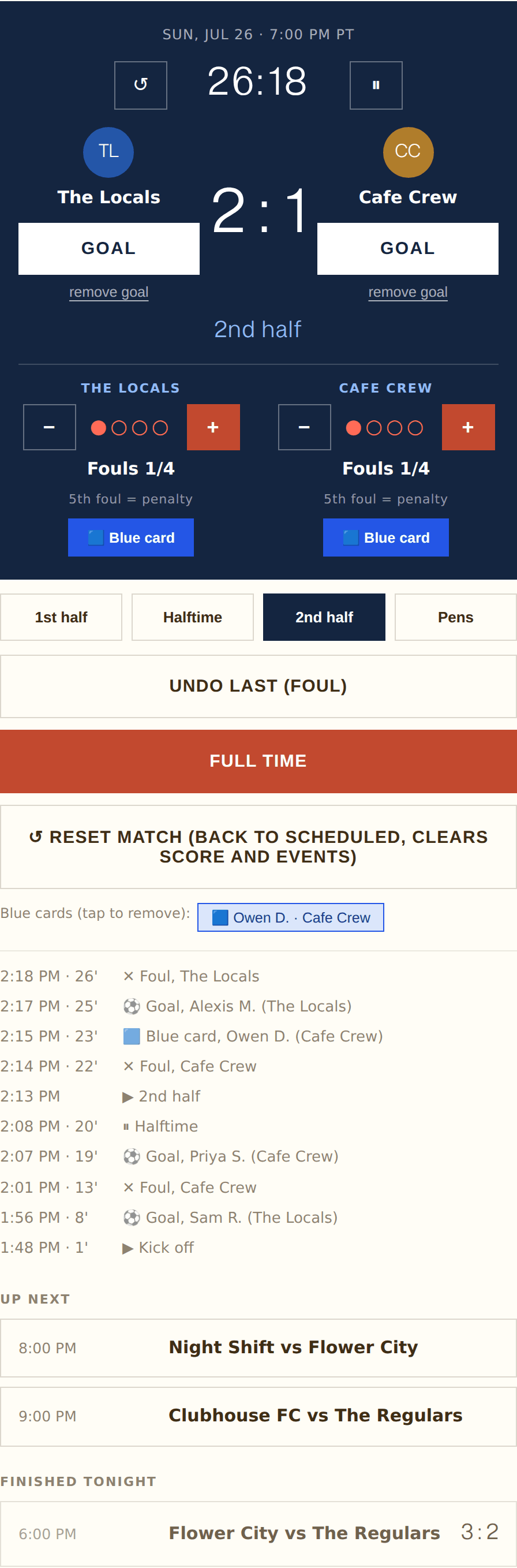 The scorekeeper mid-game: clock with pause and reset, scoreboard with Goal buttons, foul trackers with blue card buttons, period pills, Undo and Full time buttons, blue card pills, the timestamped event log, and the night's queue